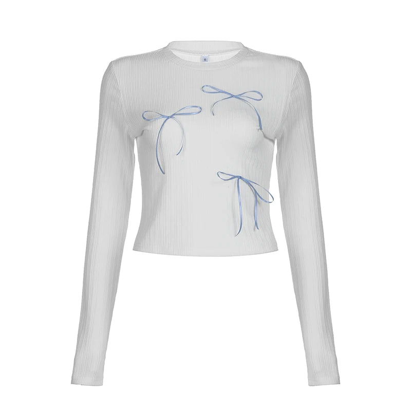 Sweet Bow Knit Spring Top Long Sleeve Pink Bow Women's T Shirts Clothes Basic Outfits - The Clothing Company Sydney