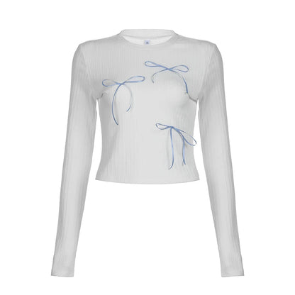 Sweet Bow Knit Spring Top Long Sleeve Pink Bow Women's T Shirts Clothes Basic Outfits - The Clothing Company Sydney