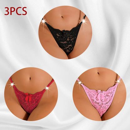 3 Piece Set Women's Lace Panties Perspective Underwear Low Waist Thin Strap Rhinestone Thong G-string Breathable Soft Lingerie The Clothing Company Sydney