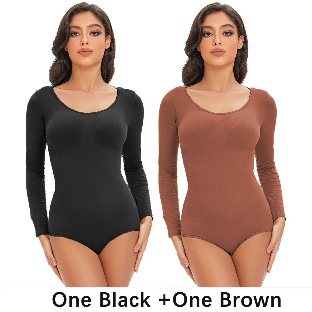 Spandex Elastic Body Suit Shapewear Women Body Shaper Long Sleeve Round Neck Seamless Shapers