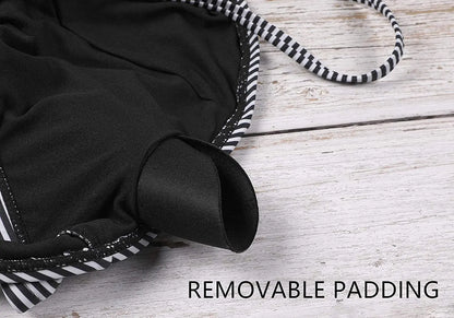 Women's Striped Bikini Set High Neck Swimsuit Vintage Floral Swimwear Strappy Bathing Suit Padded Beachwear - The Clothing Company Sydney