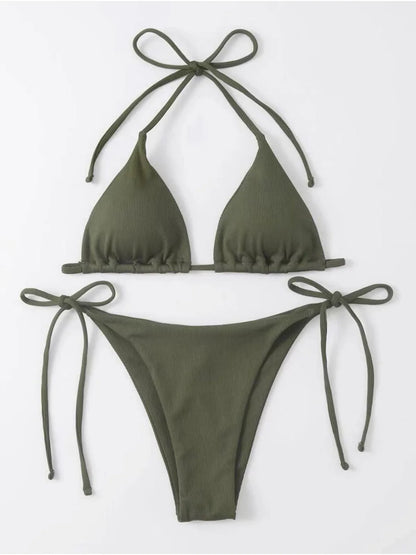 2 Piece Bathing Suit Ribbed Backless Pads Women Bikini Set Halter Triangle Bra Side Tie Thong Swimwear Set - The Clothing Company Sydney