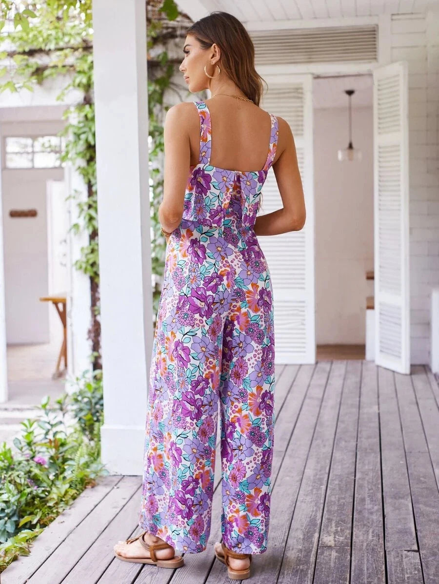 Elegant Long Women's Backless Wide Leg Jumpsuits Casual Sleeveless Floral Rompers Summer Matching Outfit Set - The Clothing Company Sydney