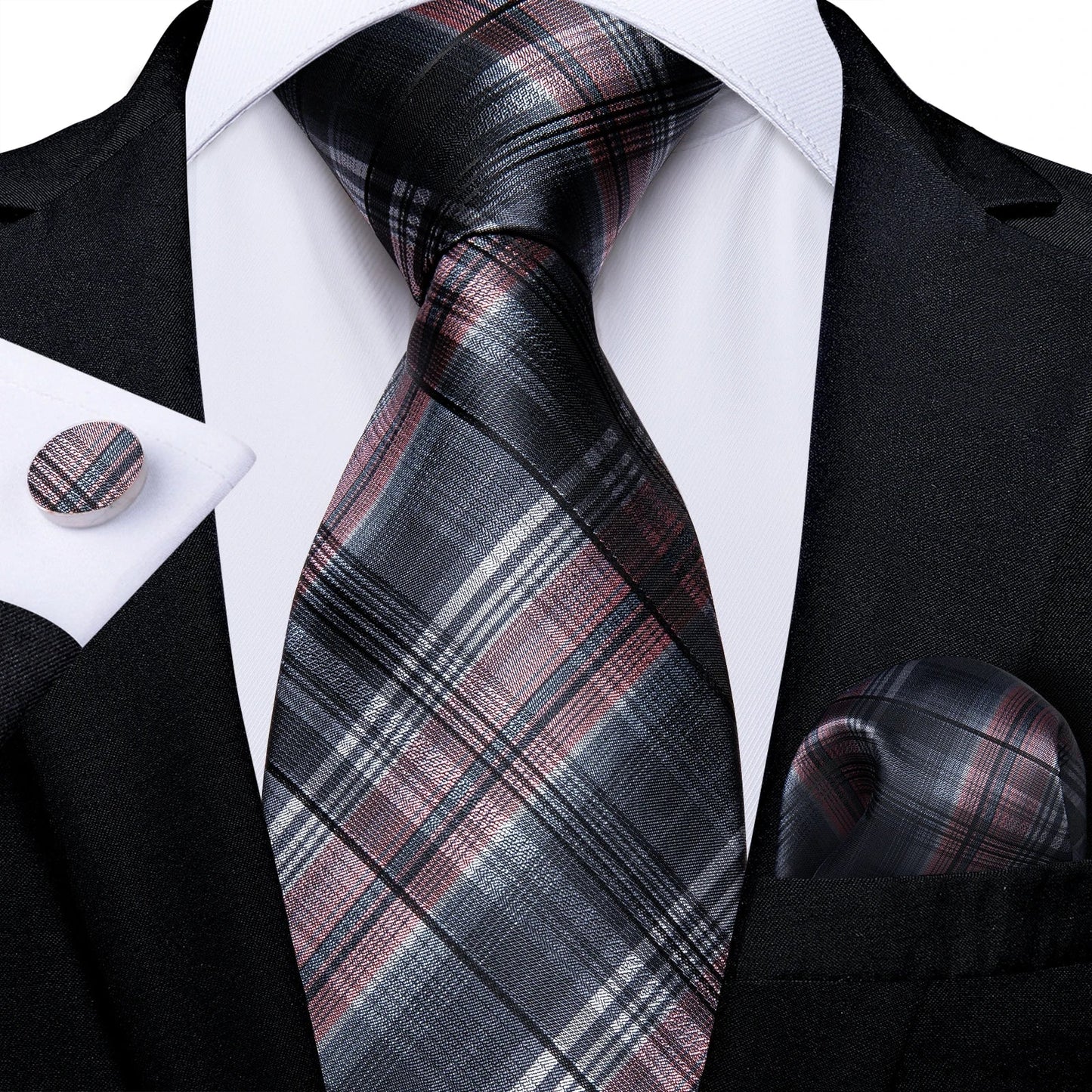 Plaid Print Men's Tie Set 8cm Width Neck Tie Handkerchief Cufflinks Business Wedding Tie Gift Set The Clothing Company Sydney
