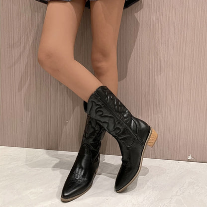 Gold Mid-calf Boots Women's Side Zipper Silver Pointed Western Cowboy Boots Retro Fashion Black Boots Plus Size Boots The Clothing Company Sydney