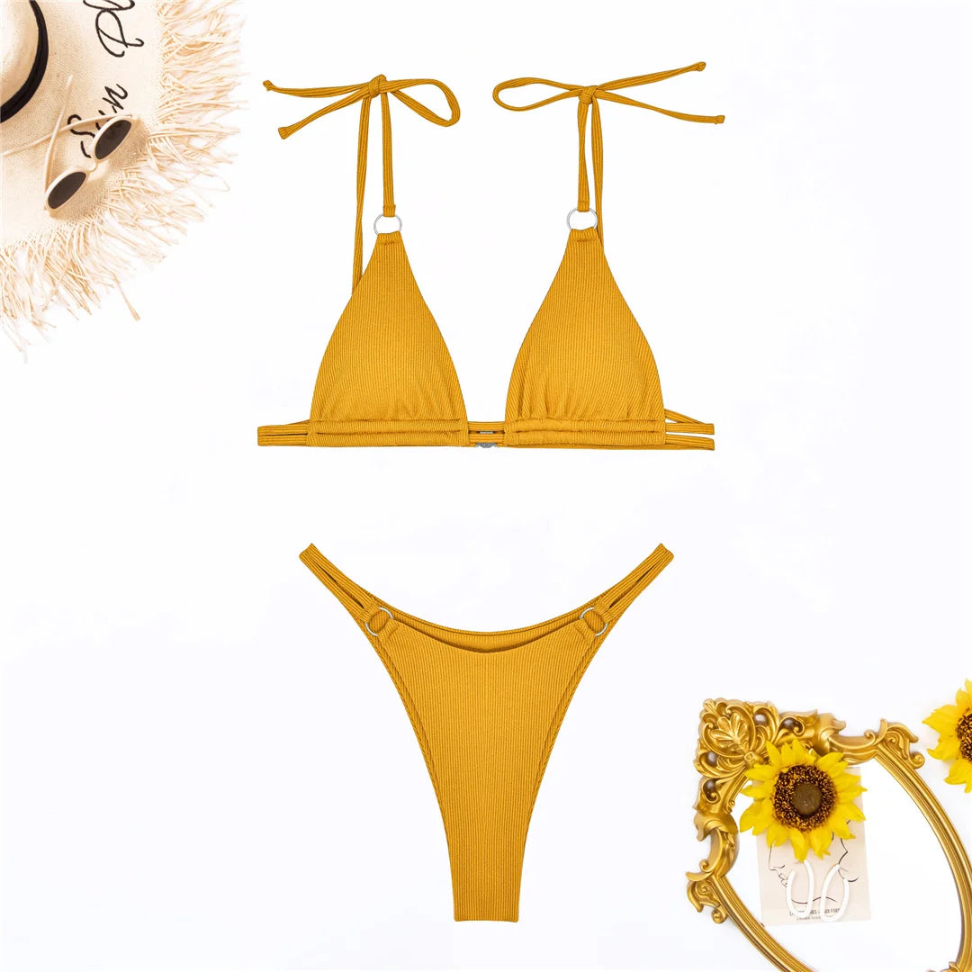 Ribbed High Leg Cut Bikini Swimwear Swimsuit Two-piece Bikini set Bather Bathing Suit - The Clothing Company Sydney