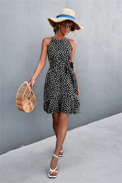Summer Boho Dress Women Floral Print Mini Female Spaghetti Strap Short Dress Ladies Lace Up Slim Sleeveless Dress The Clothing Company Sydney