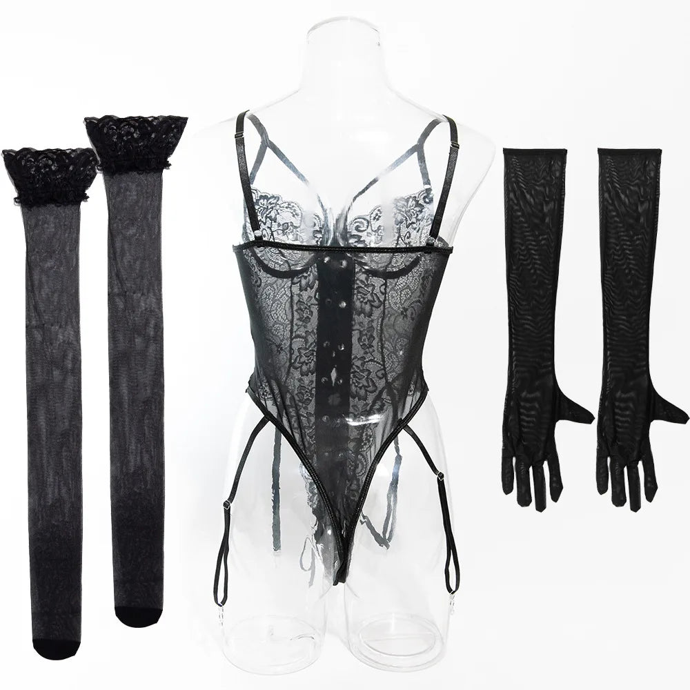 Lace Bodysuit Lace Up Costume Long Gloves Stocking See-Through Tights Lingerie Matching Outfit Set - The Clothing Company Sydney