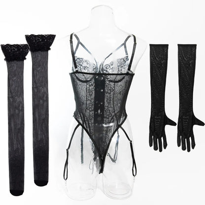 Lace Bodysuit Lace Up Costume Long Gloves Stocking See-Through Tights Lingerie Matching Outfit Set - The Clothing Company Sydney