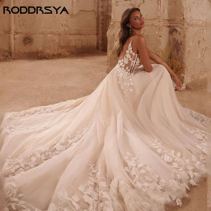 Spaghetti Straps Glitter V-Neck Applique Backless Boho Sweep Train Customized Wedding Dress The Clothing Company Sydney