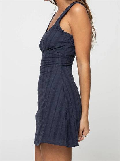 Sleeveless Short Mini Tank Square Neck Lace Trim A-line Dress - The Clothing Company Sydney