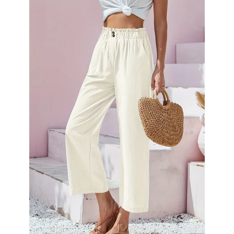 Women's Cotton Linen Loose Wide Leg Pants Summer Female High Elastic Waist Button Casual Streetwear Trousers The Clothing Company Sydney