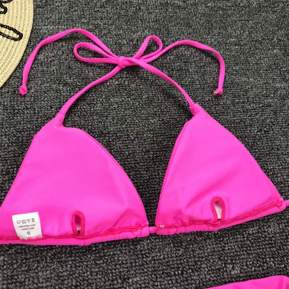 Neon Pink Brazilian Bikini Women Swimwear Halter Swimsuit Two piece Bikini set Bather Bathing Suit The Clothing Company Sydney