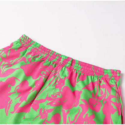 Summer Print Shorts Suits Woman Vintage Long Sleeve Shirt And Short Pants Suit Two Piece Set  Loose Casual Outfit Matching Set - The Clothing Company Sydney