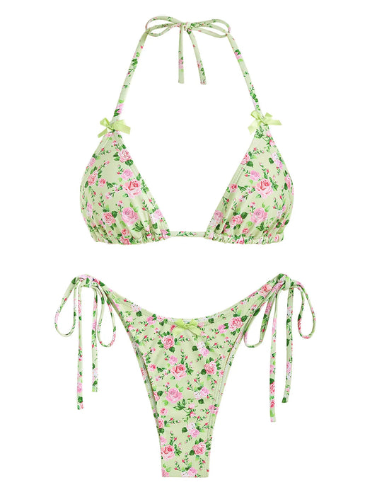 Women's Bow Decor Tiny Floral Halter Tie Side String Triangle Two Piece Swimwear Bikini Set The Clothing Company Sydney