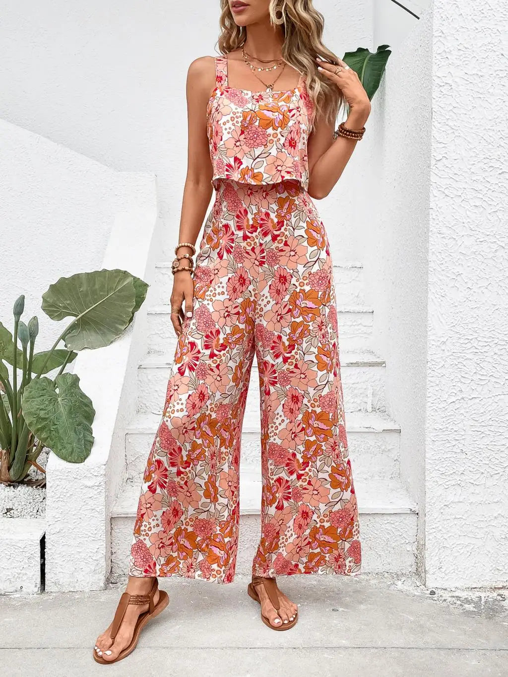 Elegant Long Women's Backless Wide Leg Jumpsuits Casual Sleeveless Floral Rompers Summer Matching Outfit Set - The Clothing Company Sydney