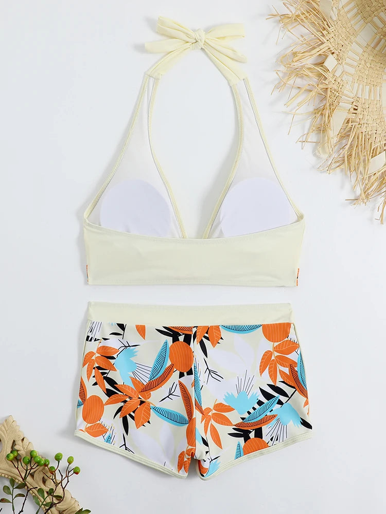 2 Piece Halter Bikini Set Shorts Swimsuit High Waist Swimwear Female Printed Bathers Swimming Bathing Swim Suit Beachwear - The Clothing Company Sydney