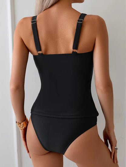 Black Two-Piece Swimsuit Ruffled Neckline and Straps Summer Beach Swimwear The Clothing Company Sydney
