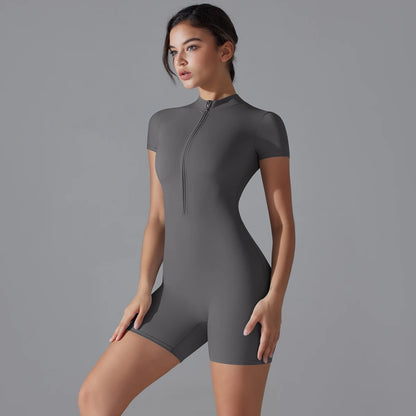 Yoga Set Women's Jumpsuits One-Piece Suit Zipper Short Sleeve Gym Push Up Workout Fitness Bodysuit Sportswear - The Clothing Company Sydney