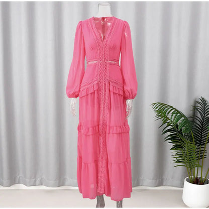 Women V-neck Lantern Long Sleeves Maxi Dress Elegant Patchwork Ruffles Hollow Lace Slim  Summer Dress - The Clothing Company Sydney