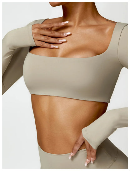 2 Piece Long Sleeve Gym Set Women Yoga Clothes Quick-Drying Sportswear Running Leggings Workout Sports Crop Top Shorts - The Clothing Company Sydney