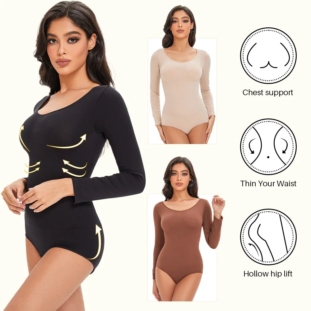 Spandex Elastic Body Suit Shapewear Women Body Shaper Long Sleeve Round Neck Seamless Shapers