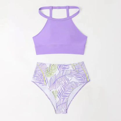 Light Purple High Waist Bikini High Neck Swimsuit Female Two Piece Swimwear Women Print Beach Wear Bathing Suit - The Clothing Company Sydney