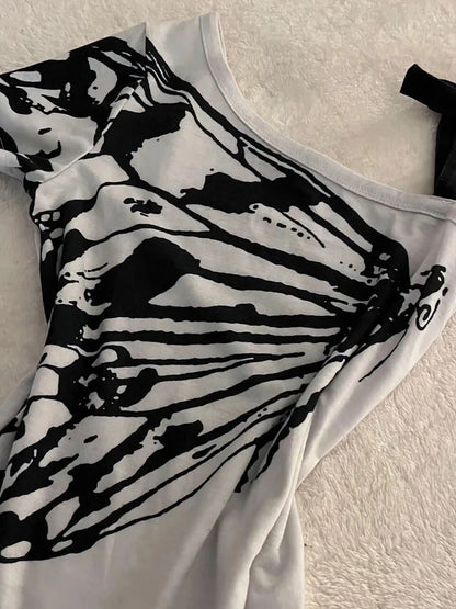 Off shoulder Summer T shirt Womens Aesthetic Print Short sleeve Body Tops Female Tees Cotton Front Bow Tied Top The Clothing Company Sydney