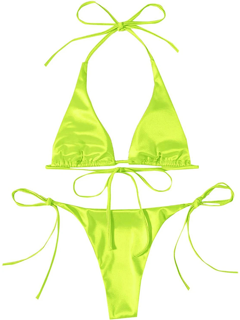 Metallic Halter Triangle Swimsuit Women Swimwear Bathing Suits Brazilian Thong Micro Bikinis Set Beach Wear
