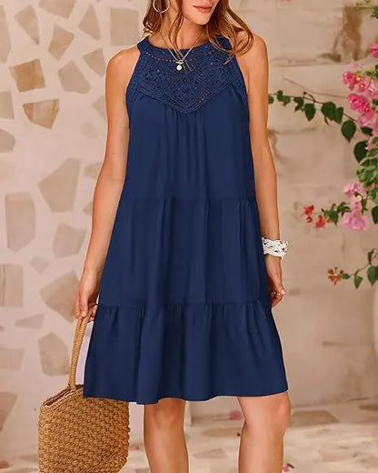 Hollow Lace Patchwork Halter Neck Women A Line Dress Summer Casual Solid Color Loose Beach Holiday Sundress - The Clothing Company Sydney