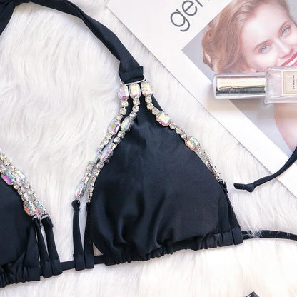 2 Piece Rhinestone Swimsuit Crystal Thong String Bikini Set Swimwear Beach Wear Bathing Suit - The Clothing Company Sydney