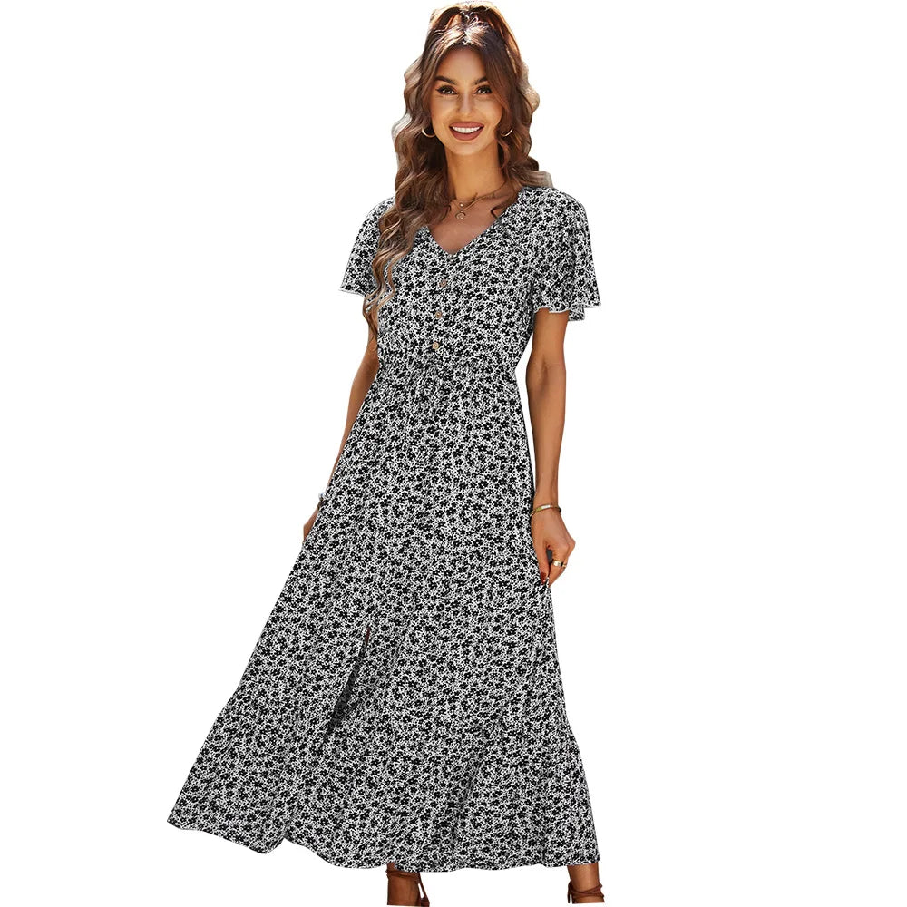 Vintage Floral Dresses for Women Elegant Loose Slit Summer Beach Holiday Leisure Long High Waist Print Dress - The Clothing Company Sydney