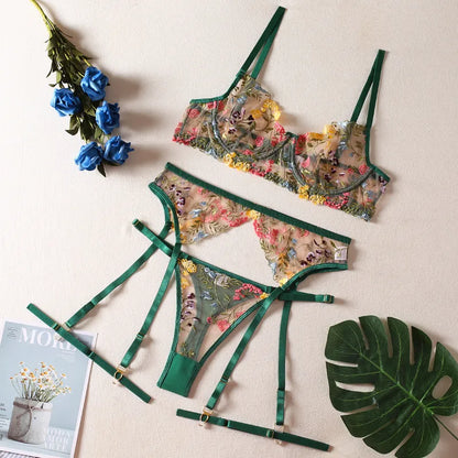 3 Piece Lingerie Sensual Lace Underwear Transparent Embroidery Garters Fancy Beautiful Bra Panties Intimate Set The Clothing Company Sydney