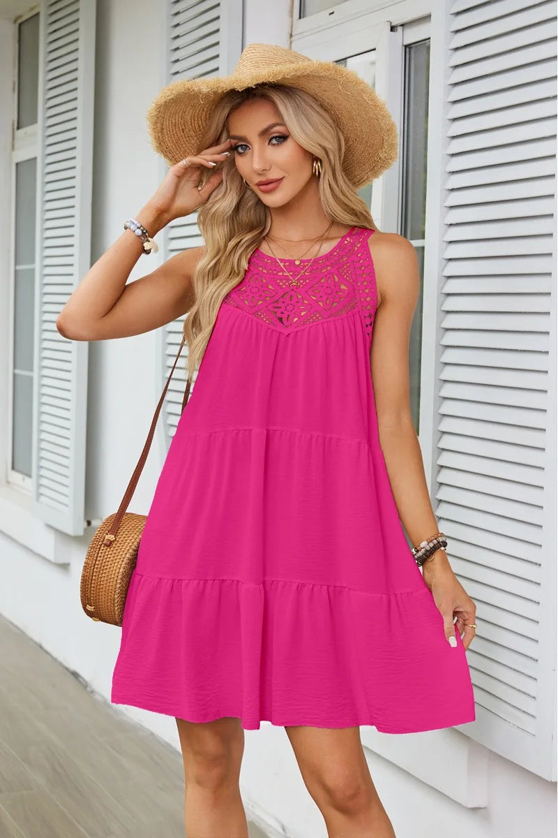 Hollow Lace Patchwork Halter Neck Women A Line Dress Summer Casual Solid Color Loose Beach Holiday Sundress - The Clothing Company Sydney