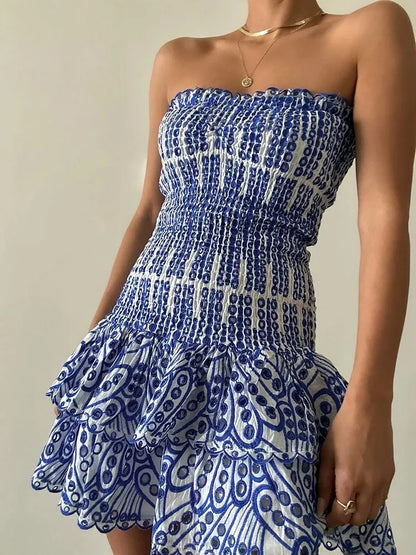 Colourblock Embroidery Women's Strapless Sleeveless High Waist Patchwork Folds Slimming Dresses - The Clothing Company Sydney