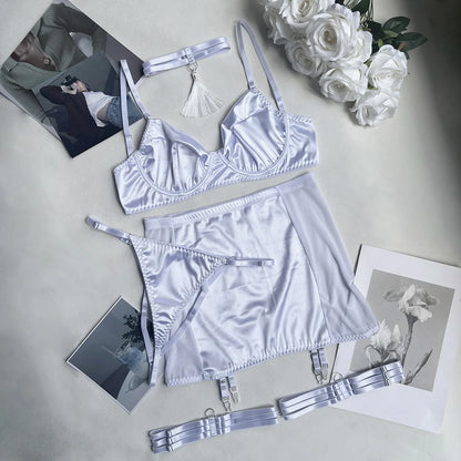 5 Piece Satin Lingerie Underwear Lace Seamless Intimate Skirt Bra And Briefs Outfit Set - The Clothing Company Sydney