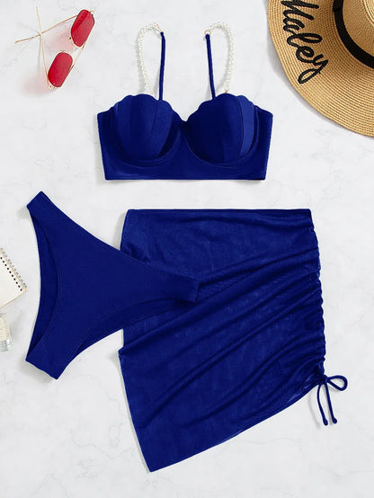 3 Piece Women's Swimsuit Off Shoulder Suspender Pure Cotton Fashion Backless Beach Split Swimwear - The Clothing Company Sydney