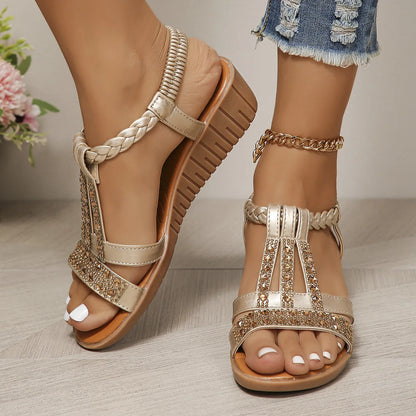 Women's Wedge Summer Shoes Rhinestones Elastic Platform Peep Toe Outdoor Sandals - The Clothing Company Sydney