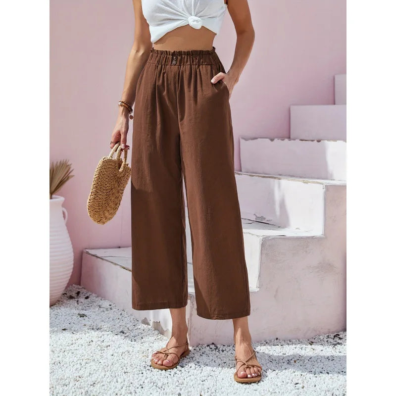 Women's Cotton Linen Loose Wide Leg Pants Summer Female High Elastic Waist Button Casual Streetwear Trousers The Clothing Company Sydney