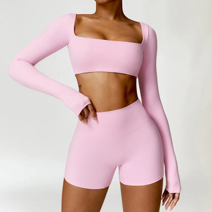 2 Piece Long Sleeve Gym Set Women Yoga Clothes Quick-Drying Sportswear Running Leggings Workout Sports Crop Top Shorts