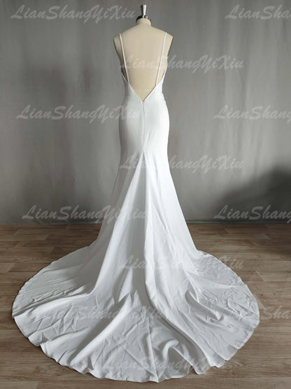 Satin Wedding Dress V-neck Spaghetti Straps Backless Formal Pleat Bridal Grown - The Clothing Company Sydney