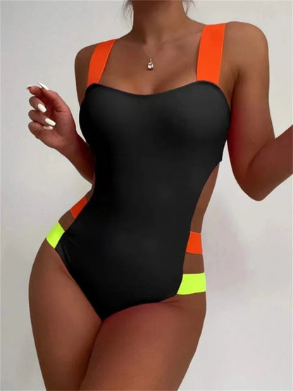 Black Contrast One Piece Swimsuit Neon Strap Hollow Out Backless Monokini Summer Bathing Suit Patchwork Swimwear The Clothing Company Sydney