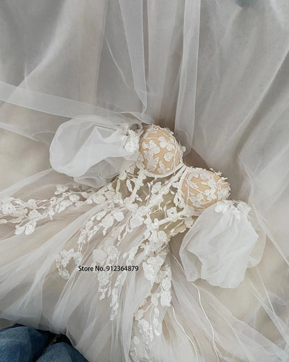 Short Puff Sleeves 3D lace Wedding Dresses Champagne Liner Tulle Appliques Formal Bridal Gowns The Clothing Company Sydney