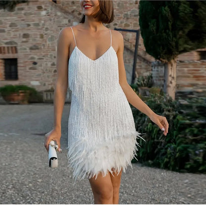 Tassel Sequins Feather Mini Dress Women's Spaghetti Strap Stitching Elegant Evening Party Club Dress - The Clothing Company Sydney