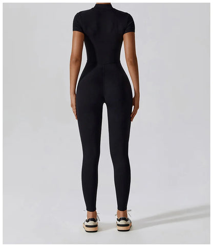 Yoga Jumpsuit Women Zipper Short Sleeve one piece Gym suit Fitness Set Workout Romper Elastic Sportswear - The Clothing Company Sydney