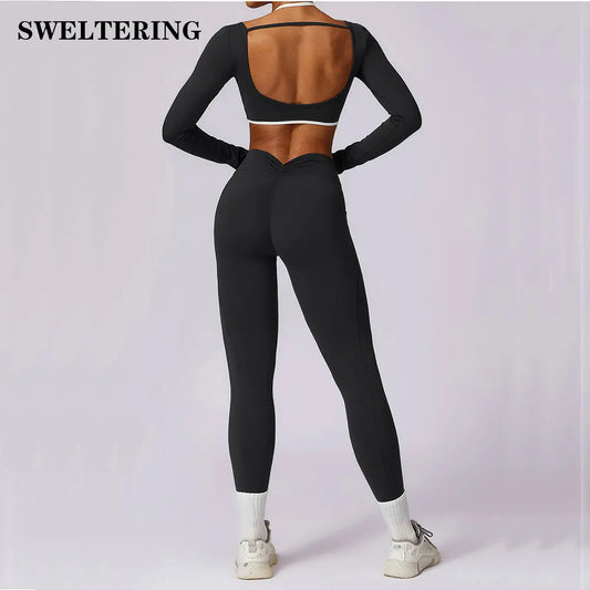 2 Piece Womens Tracksuit Yoga Set Workout Sportswear Gym Clothing Fitness Long Sleeve Crop Top High Waist Leggings Sports Suits