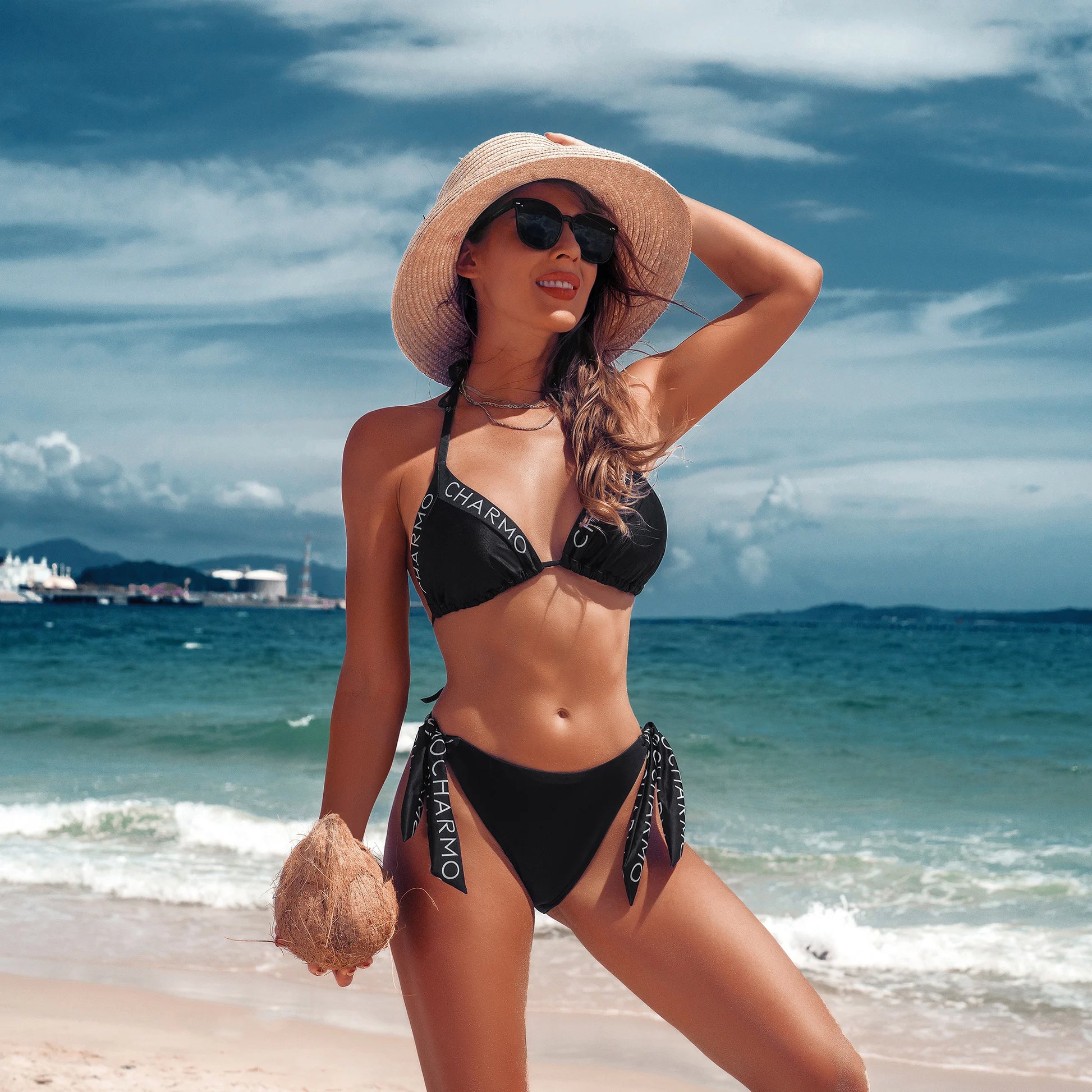 Women's V Neck Solid Logo Print Triangle Bikini Set Two Piece Set Swimsuit Bathing Suit Swimwear Beach Suit - The Clothing Company Sydney