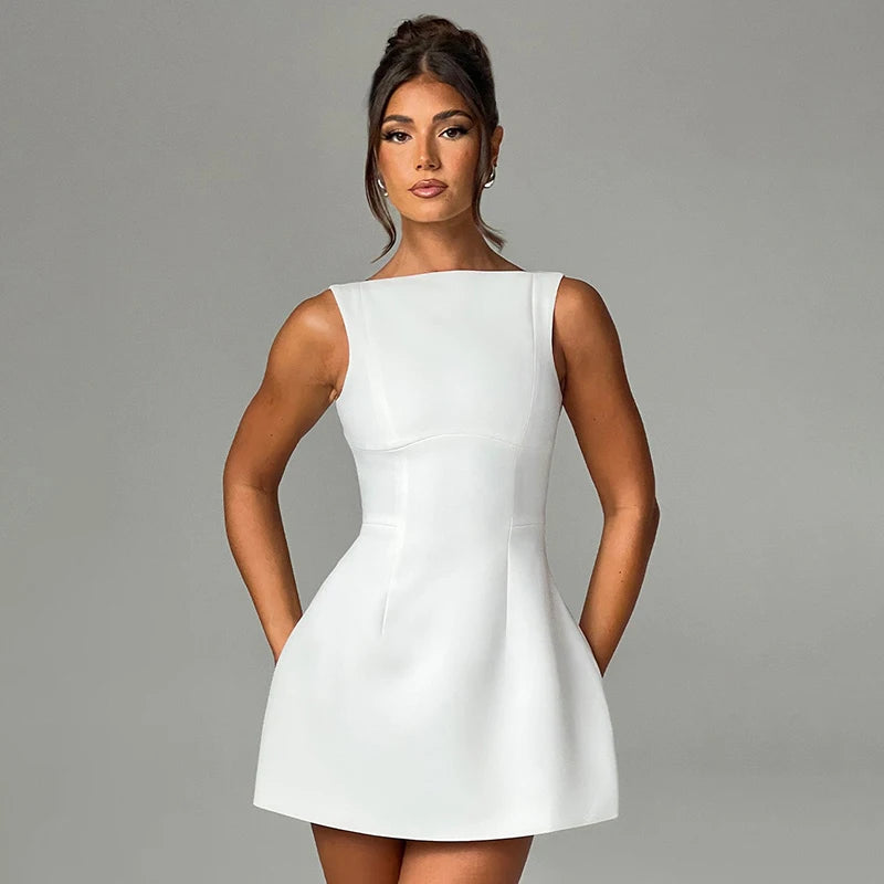 Women's Summer Short Backless Wedding Party Elegant Casual White Slip Sundress Sleeveless Dress - The Clothing Company Sydney