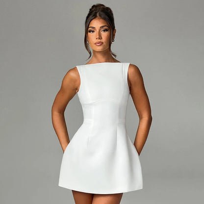 Women's Summer Short Backless Wedding Party Elegant Casual White Slip Sundress Sleeveless Dress - The Clothing Company Sydney