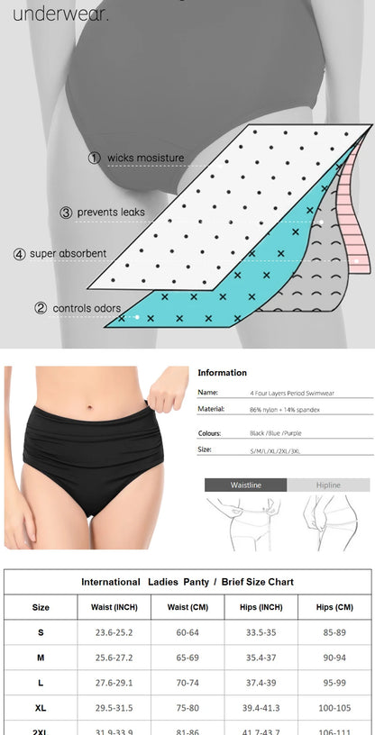 4-Layer Leak Proof Period Swimwear Bikini Bottoms Absorbent Beachwear Panties Plus Size Menstrual Swimsuit - The Clothing Company Sydney